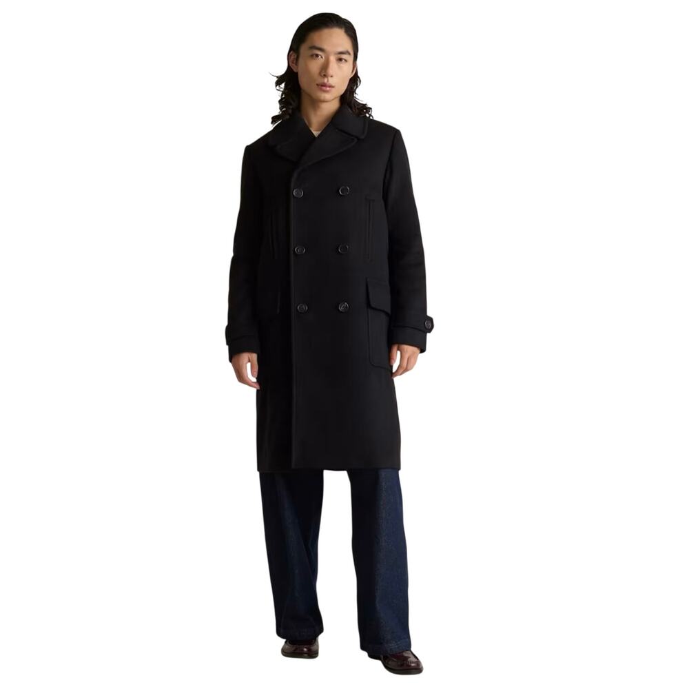New Quince Men's Small Black Italian Wool Double-Breasted Officer Topcoat Retro